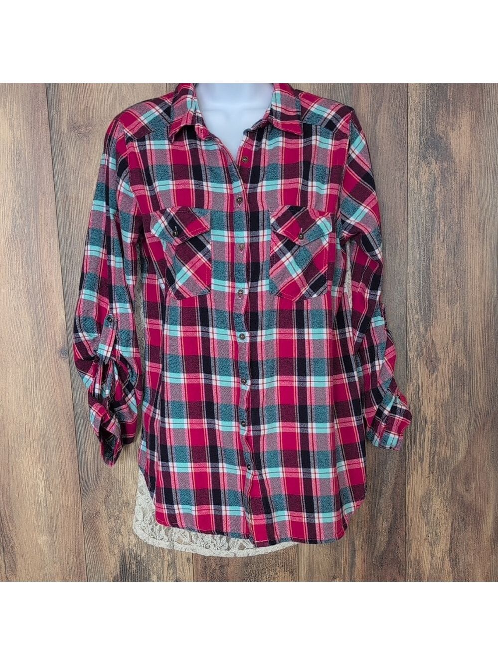 Hint of Mint Plaid Button-Down Lace Back Shirt L P129